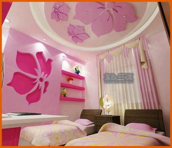 trần thạch cao cho phòng ngủ bé gái màu hồng cánh hoa