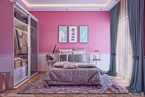 phòng ngủ màu hồng tím